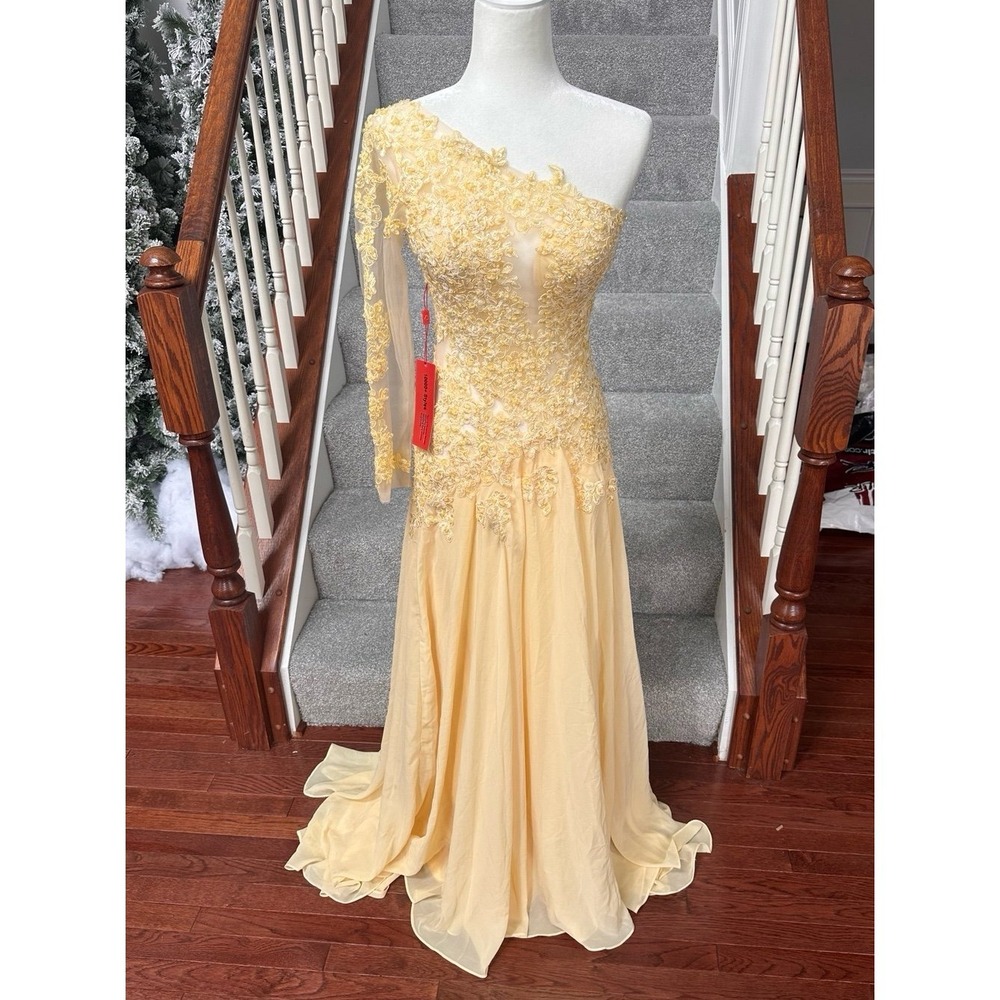 Handmade One Sleeve See Through Panel Yellow Floral Gown Dress NWT Womens S